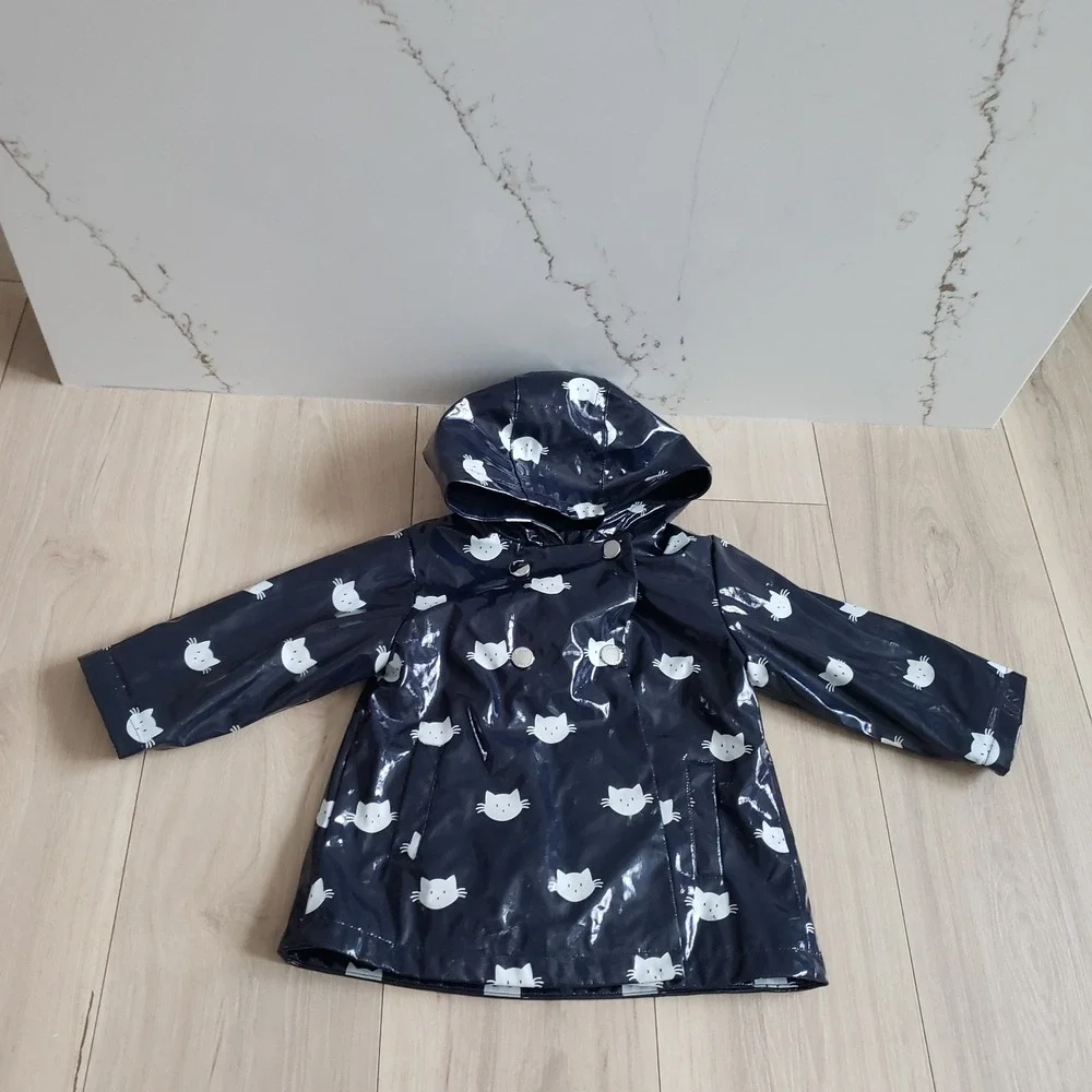 Jacadi Paris Raincoat Girls 24M Navy Cat Print Vinyl Hooded Waterproof Jacket - Picture 1 of 7